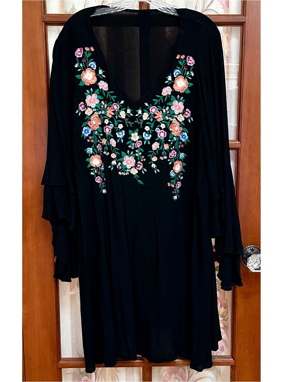 Black V-Neck Dress with Multicolor Floral Embroidery